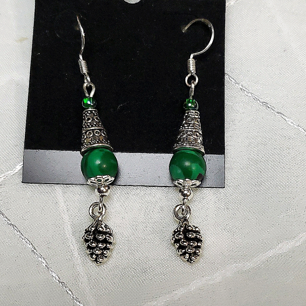 Malachite Tibetan Silver Pinecone Earrings